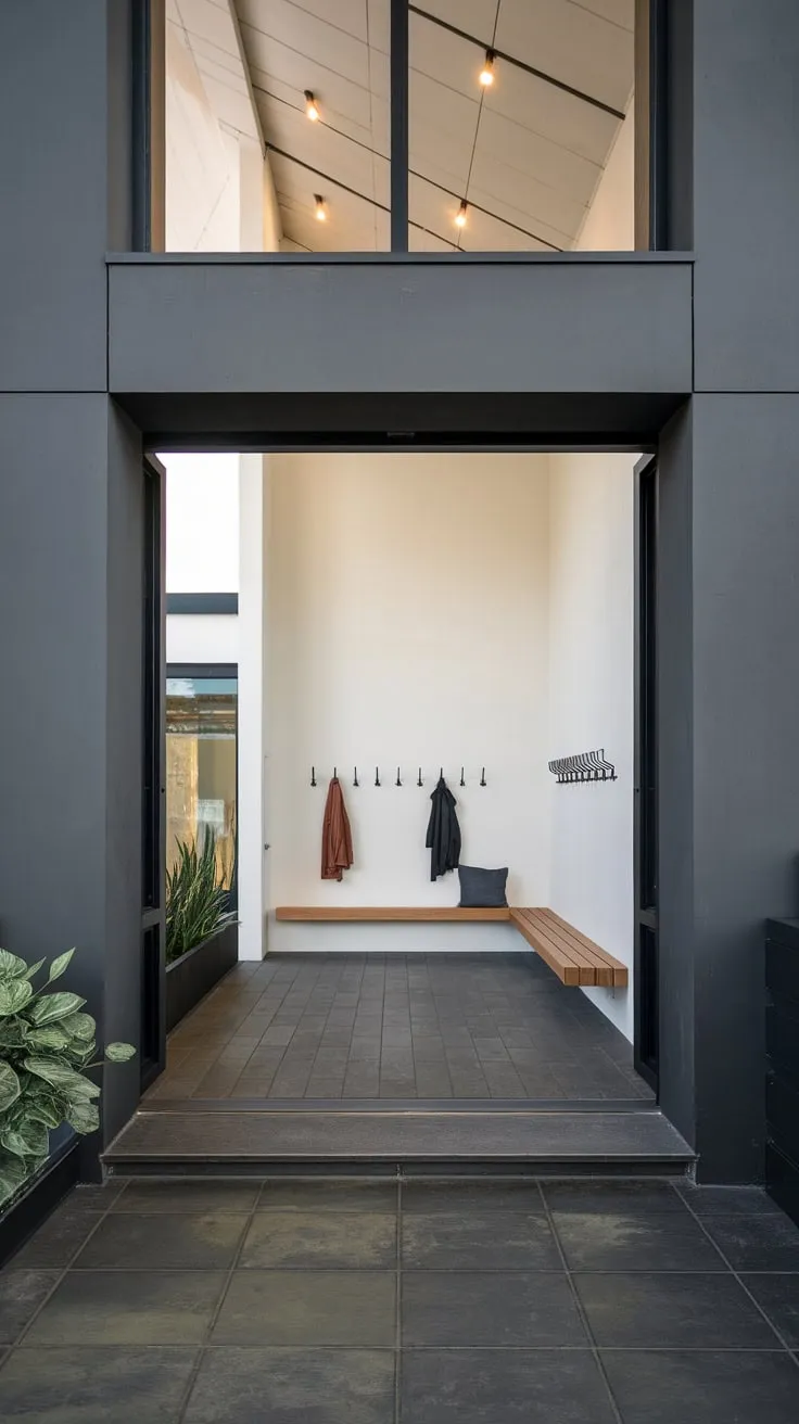 High ceilings and dark grey framing enhance the sophisticated simplicity of this welcoming entrance.