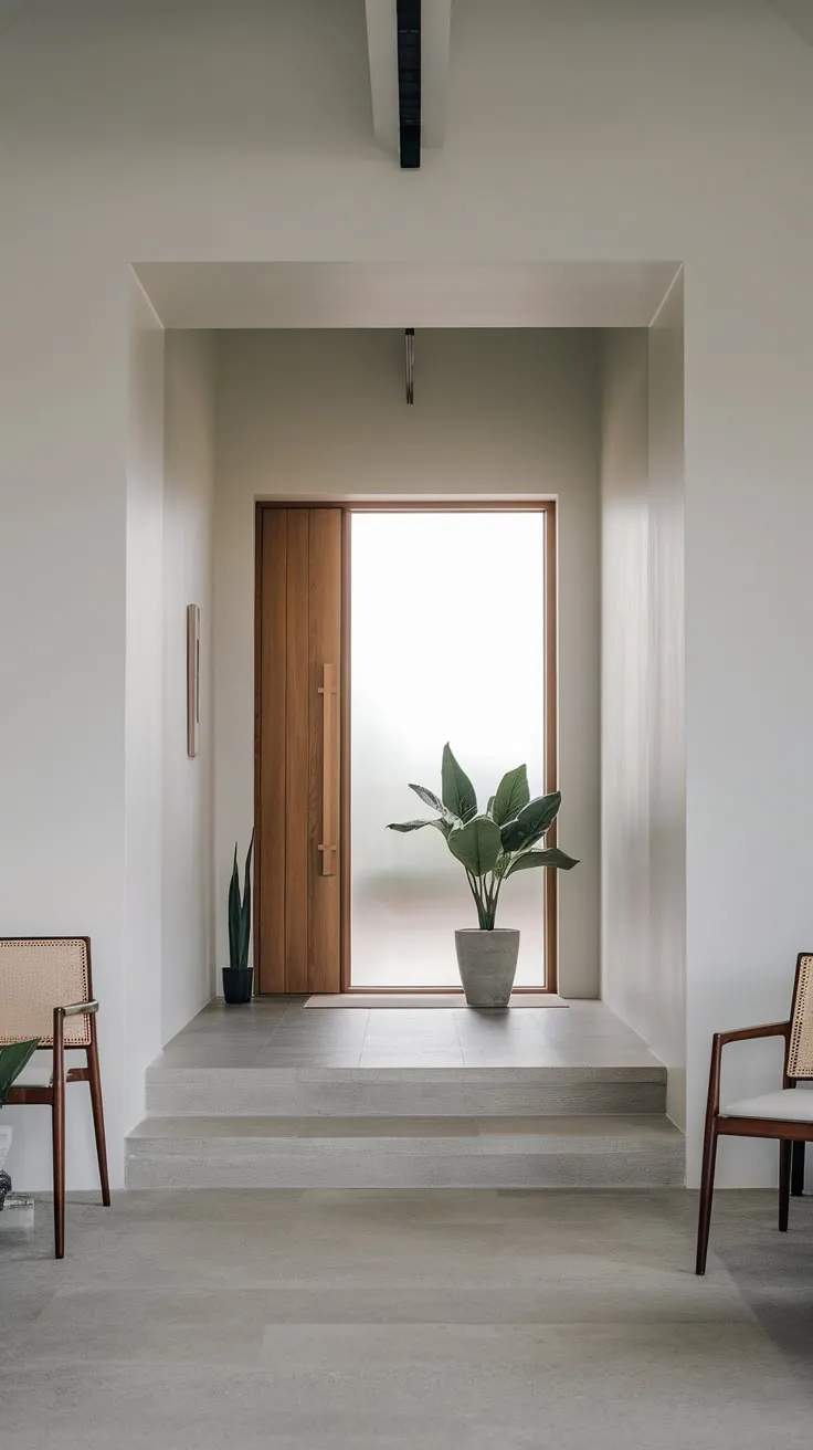 Clean lines and a high ceiling define this modern foyer, where a wooden door with frosted glass and a simple seating area create a welcoming and stylish entryway.