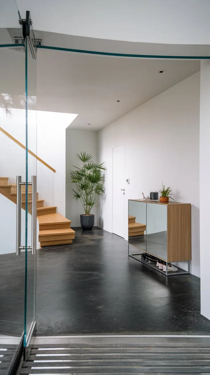 Minimalist design meets functionality in a modern foyer featuring a glass door, concrete floors, white walls, and a mirrored shoe cabinet complemented by a wooden staircase and greenery.