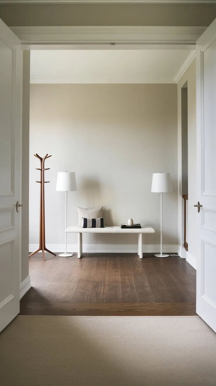 Clean lines and a neutral palette define this modern foyer's minimalist design, featuring a white bench, subtle lighting, and dark wood flooring.