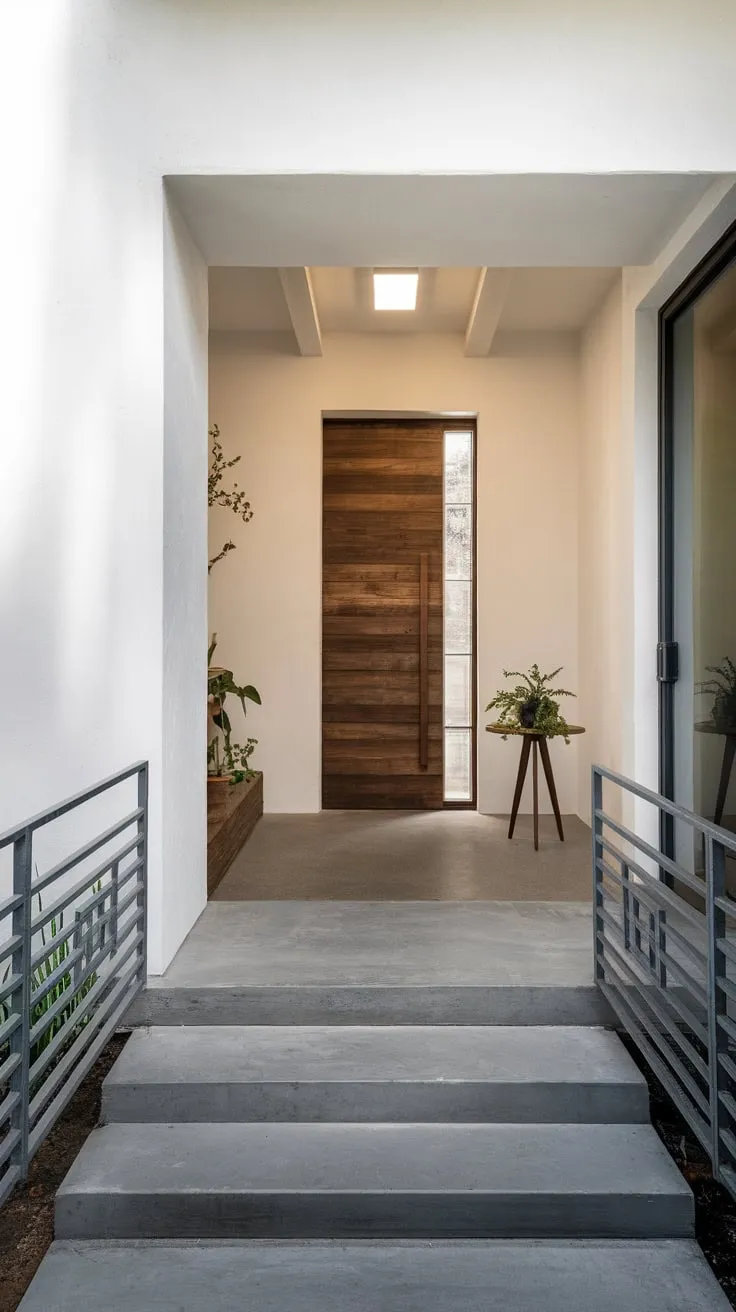 Clean lines and natural materials define this minimalist modern entryway, illuminated by bright lighting and accented with a small plant.