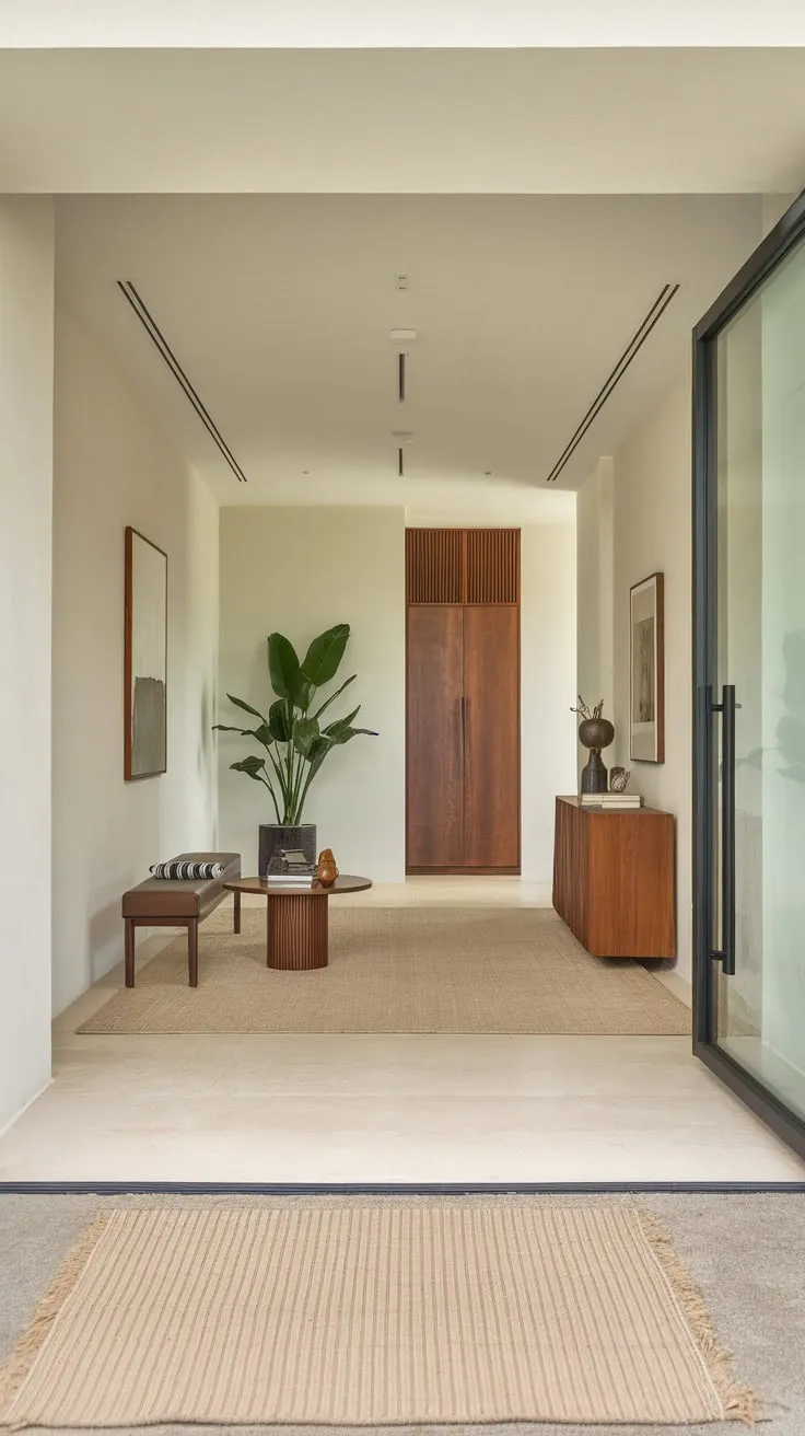 Recessed lighting illuminates a tranquil modern entryway featuring a beige rug, simple furnishings, and a touch of greenery against crisp white walls.