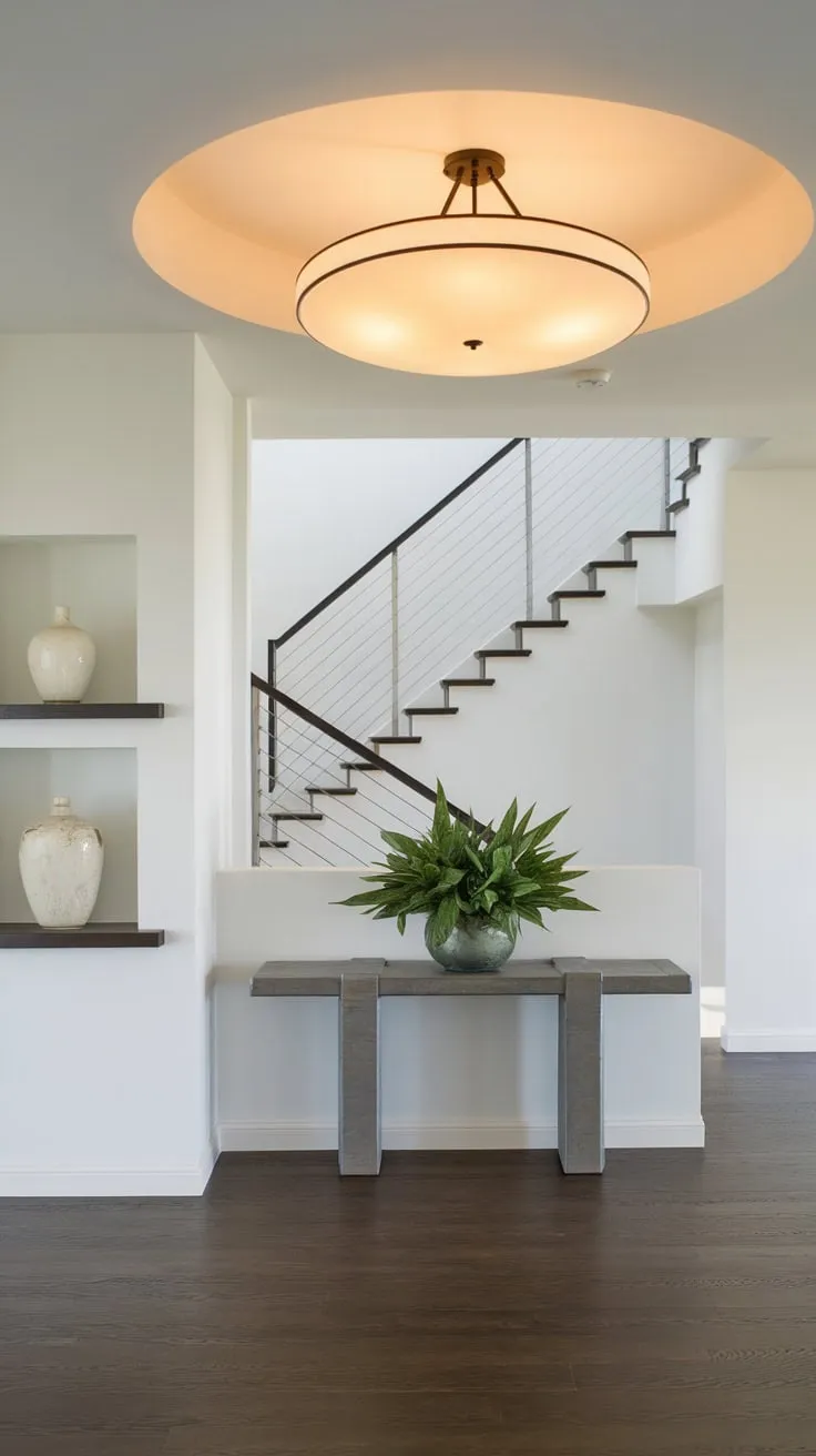A minimalist foyer boasts a dramatic round light fixture above a console table, dark wood floors, and a sleek metal staircase adding modern elegance.