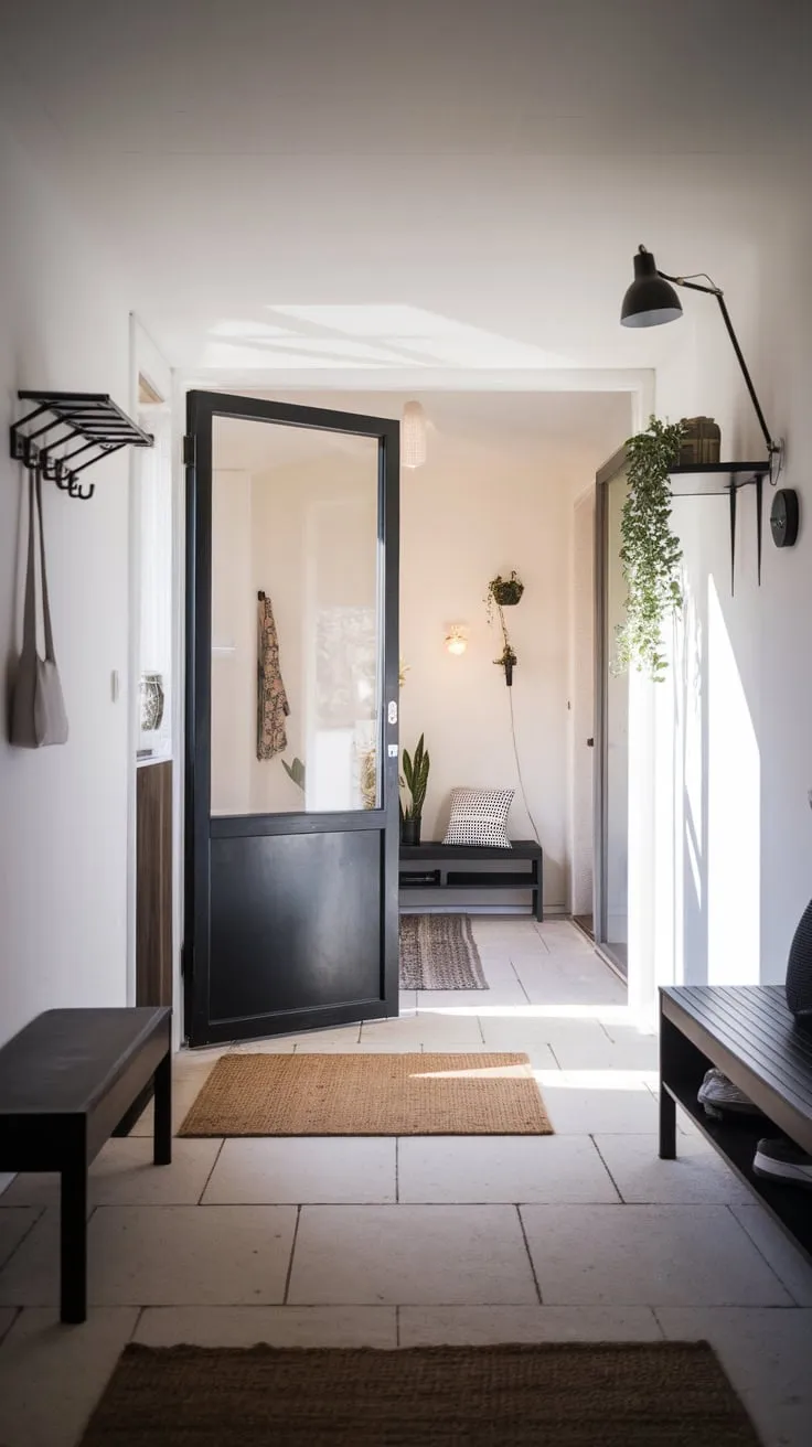 Clean lines and functional elements define this modern foyer, where a minimalist aesthetic meets practical storage and natural light.