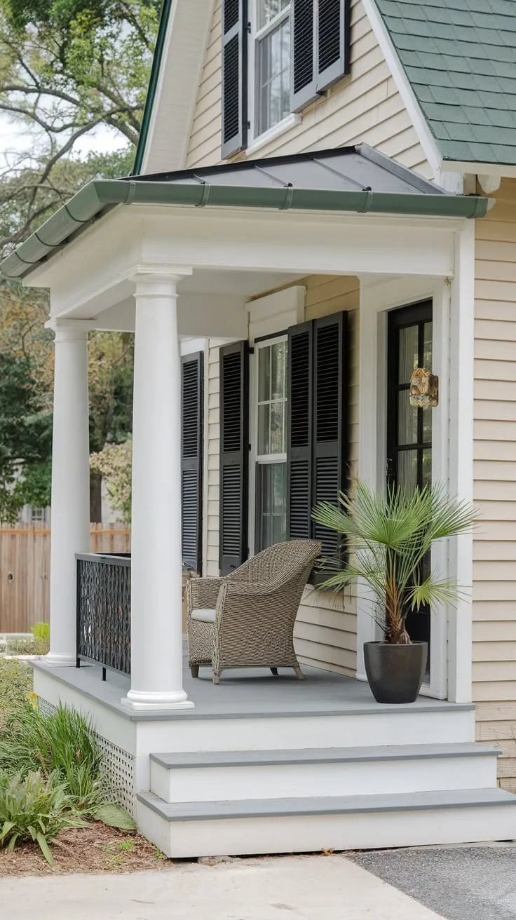 Chic Cape Cod Porch with Black Shutters