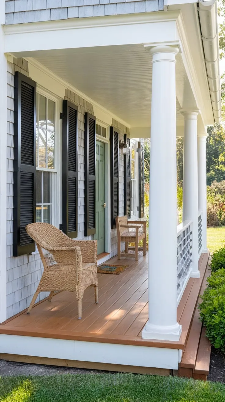 Chic Cape Cod Porch with Black Shutters and Green Door