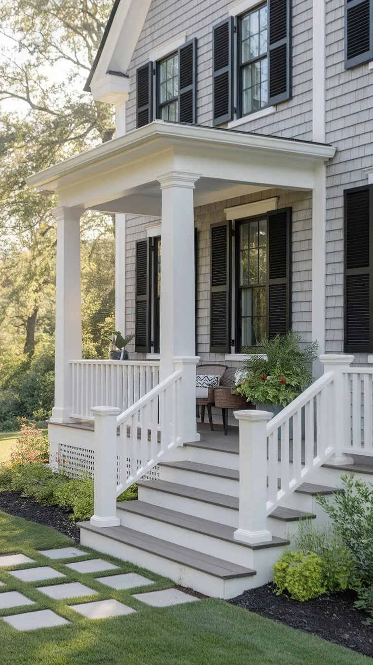 Stylish Cape Cod Porch Surrounded by Lush Greenery