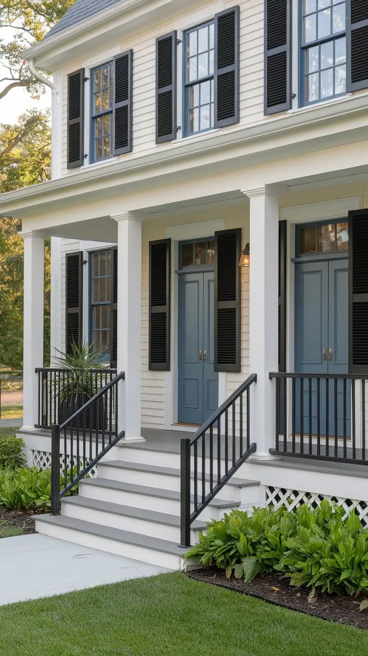 Stylish Modern Front Porch with Black Shutters and Greenery