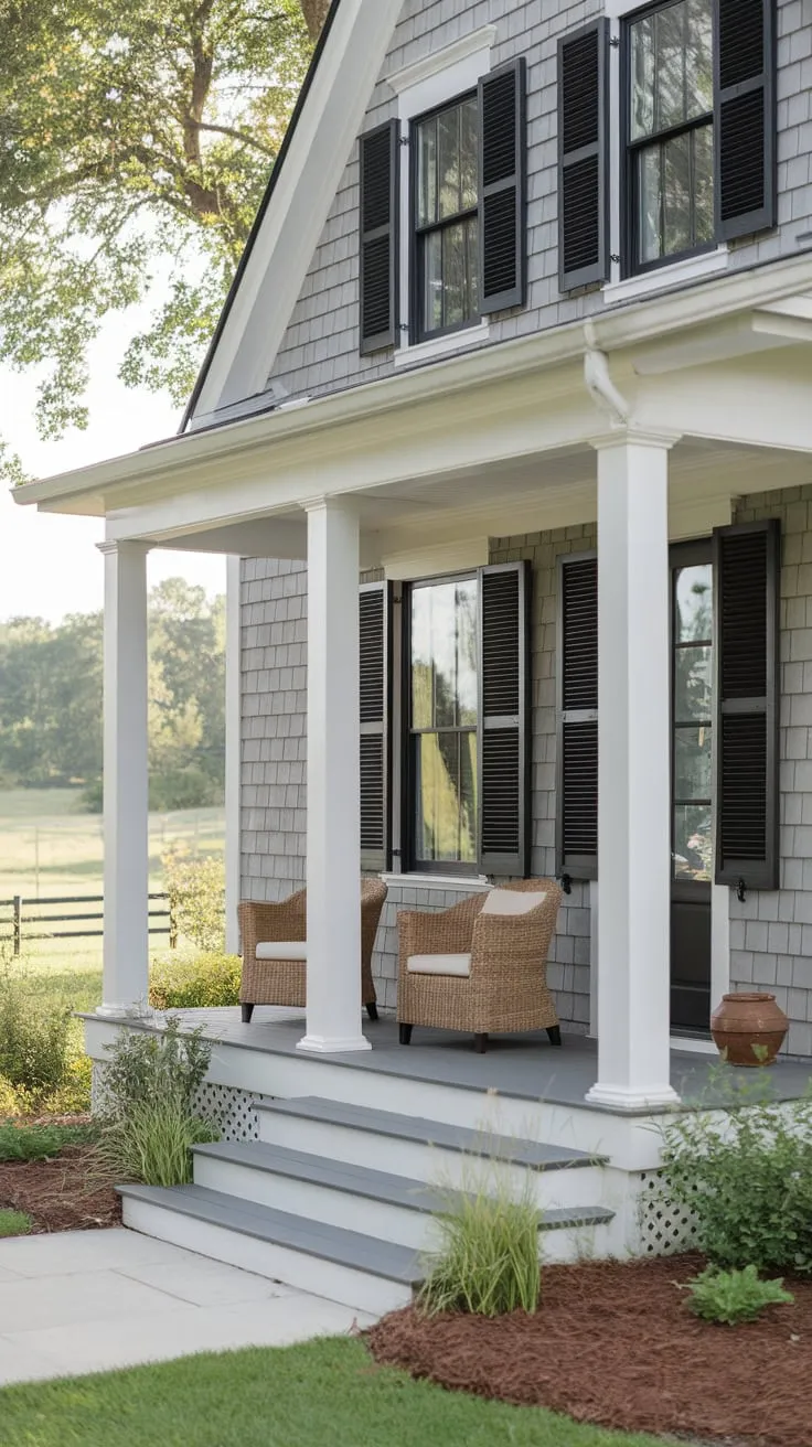 Chic Cape Cod Porch Makeover with Black Shutters