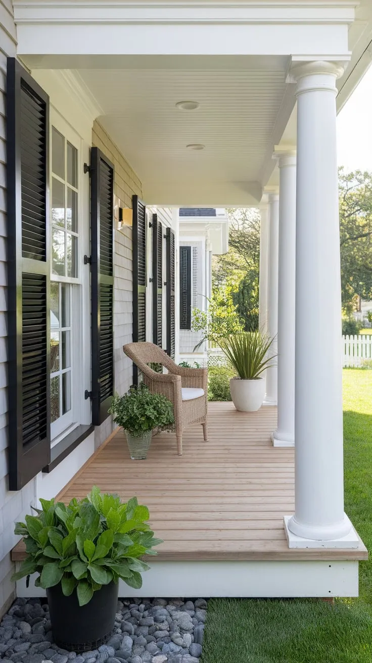 Stylish Modern Porch with Black Shutters and Wicker Charm
