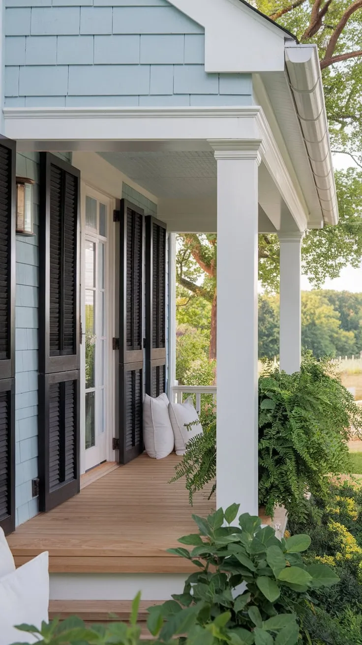 Serene Light Blue Cape Cod Porch with Lush Greenery