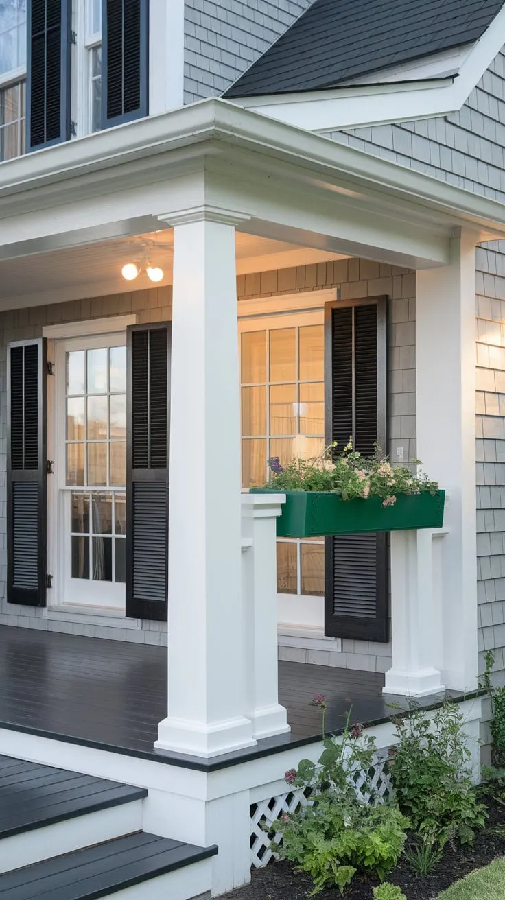 Stylish Modern Porch with Black Shutters and Green Accents