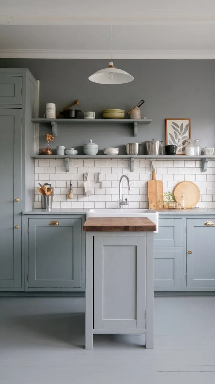 In this all-grey kitchen, a harmonious blend of shades and a rustic butcher block island create a serene yet sophisticated monochromatic haven.