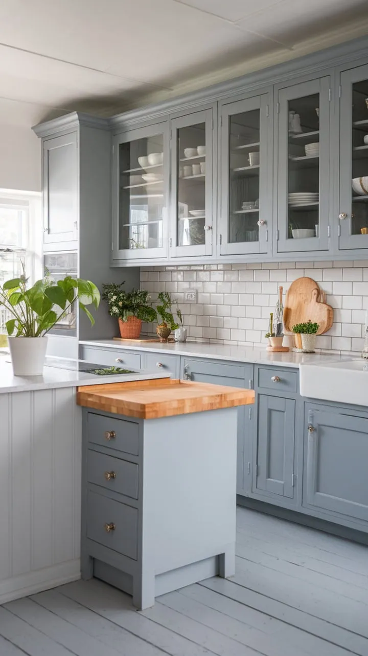 This kitchen harmoniously blends modern chic with rustic charm, showcasing light grey hues, warm butcher block accents, and lively potted plants for a serene sanctuary.