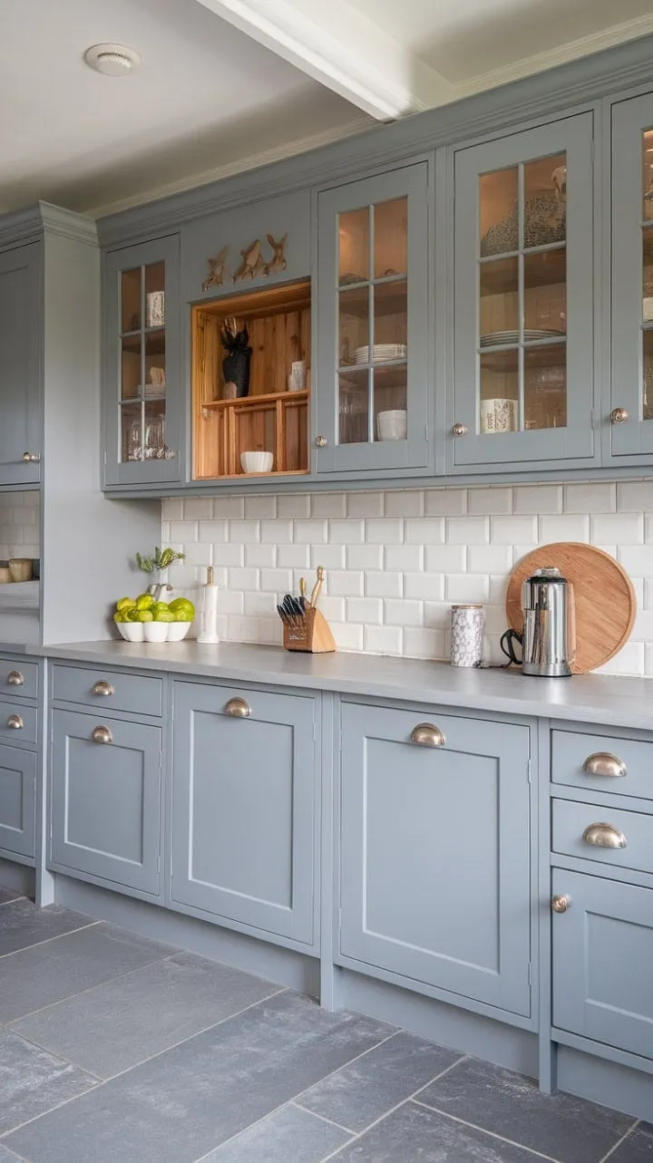 This stunning kitchen remodel harmonizes light and dark greys with textured butcher block cabinets, creating a stylish and serene culinary haven.