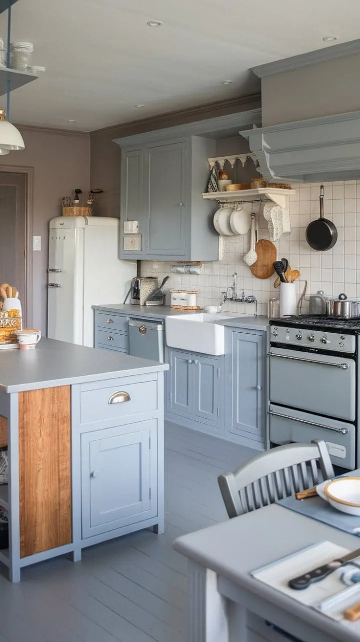 This exquisite grey kitchen masterfully blends shades of grey with white accents and a butcher block feature, achieving a perfect balance of beauty and practicality.