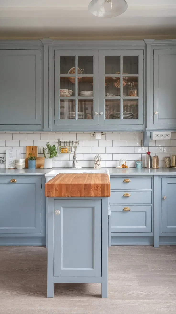 A modern grey kitchen remodel features light grey countertops and flooring, grey cabinets, and a charming cottage-style butcher block detail.