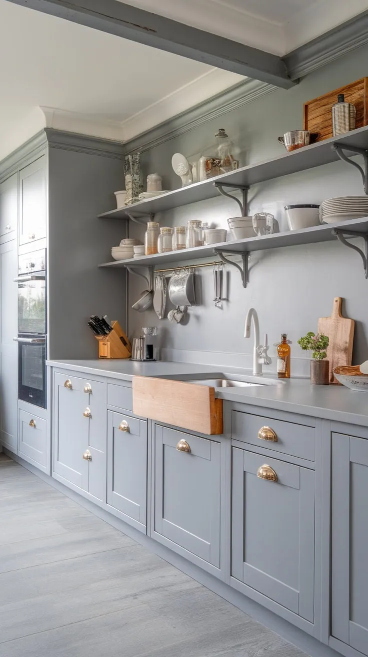 Grey reigns supreme in this stylish kitchen remodel, from cabinets and countertops to the flooring.