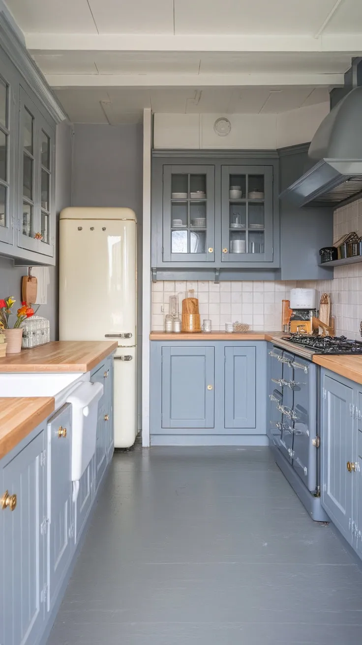 A charming cottage-style kitchen boasts a cohesive grey palette, from butcher block cabinets and flooring to light countertops and appliances.