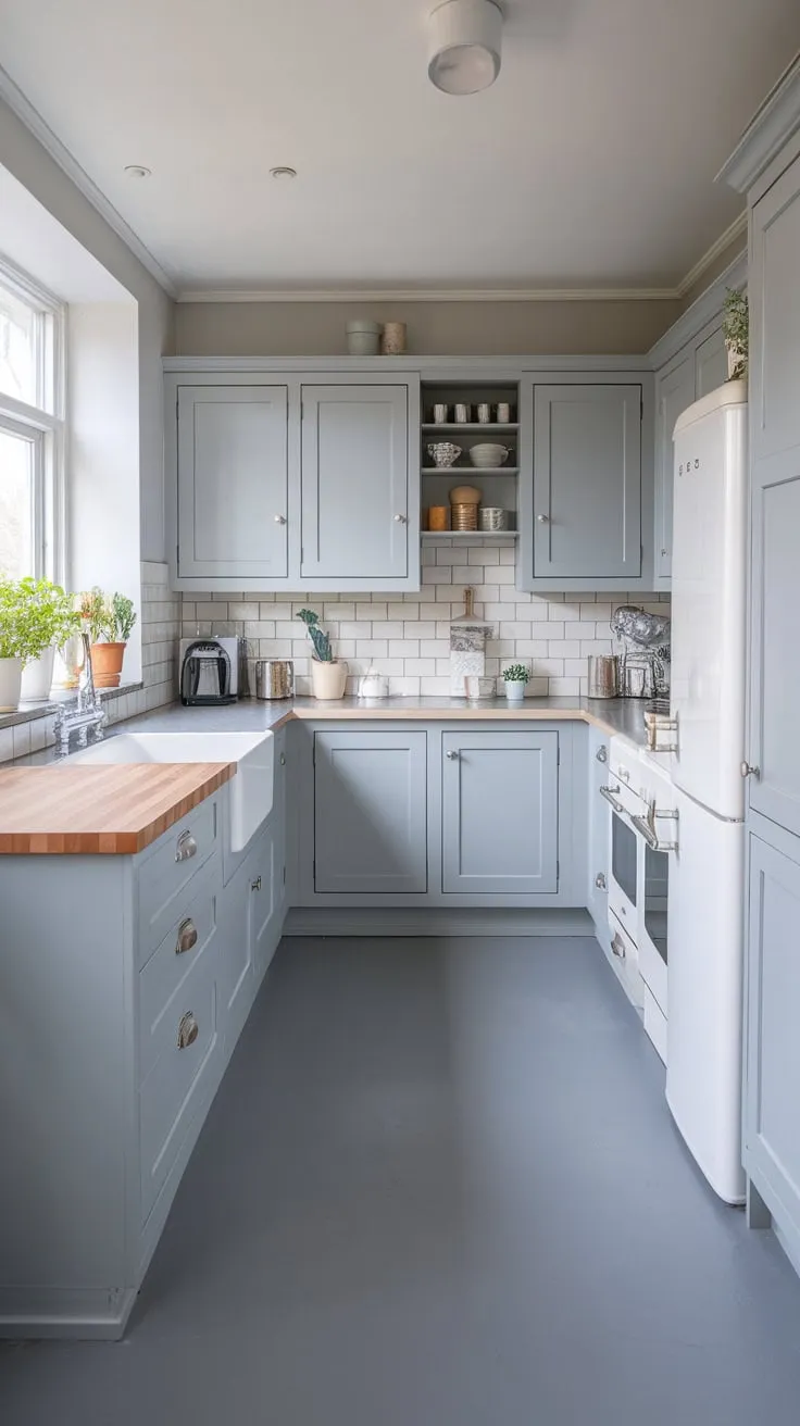 A serene grey cottage kitchen, featuring butcher block countertops and white appliances, is brightened by potted plants and white walls.