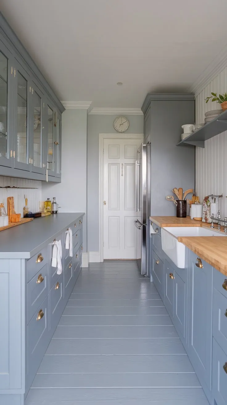 A monochromatic grey cottage-style kitchen, brightened by white walls and stainless steel appliances, boasts a charming modern aesthetic.