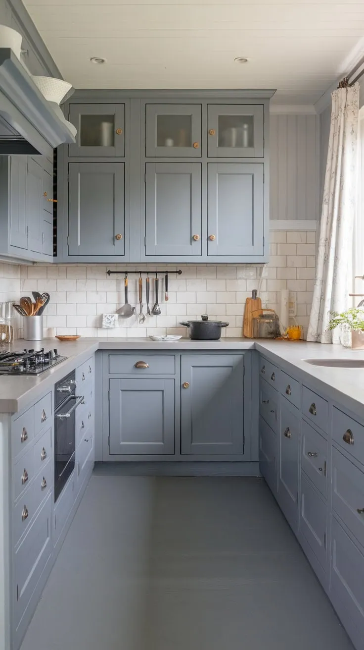 Grey reigns supreme in this modern kitchen, its cottage charm enhanced by butcher block cabinets and a bright window.