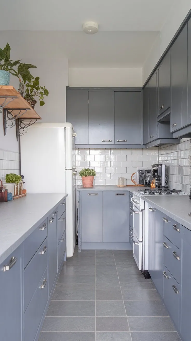 Cool grey tones dominate this modern kitchen, accented by white appliances and a warm wooden shelf with plants.