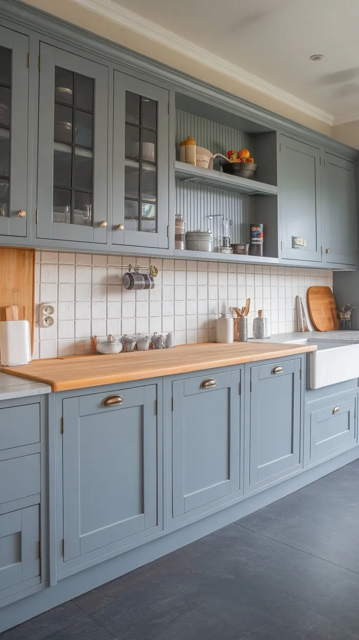 A serene grey cottage-style kitchen boasts light countertops and butcher block accents, unified by grey flooring and cabinetry.