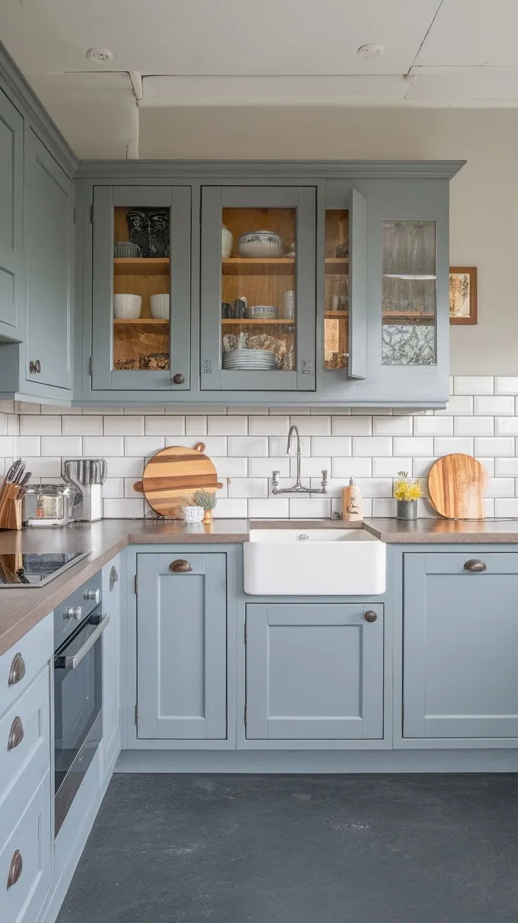 A light grey remodel transforms this cottage-style kitchen into a modern space with grey cabinets, countertops, and flooring.