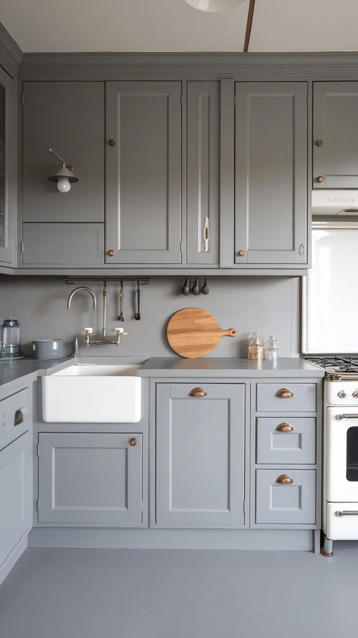 A modern grey kitchen boasts a monochromatic palette of grey cabinets, countertops, and flooring, accented by white fixtures and warm wood for a calming aesthetic.