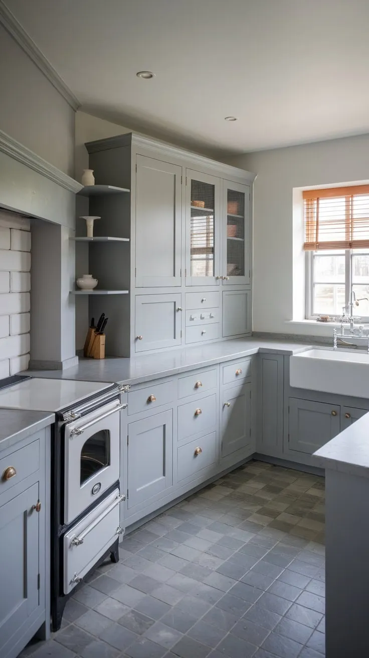 Modern grey cabinetry and light grey countertops create a sophisticated yet calming atmosphere in this cottage-style kitchen, complemented by white walls and a farmhouse sink.