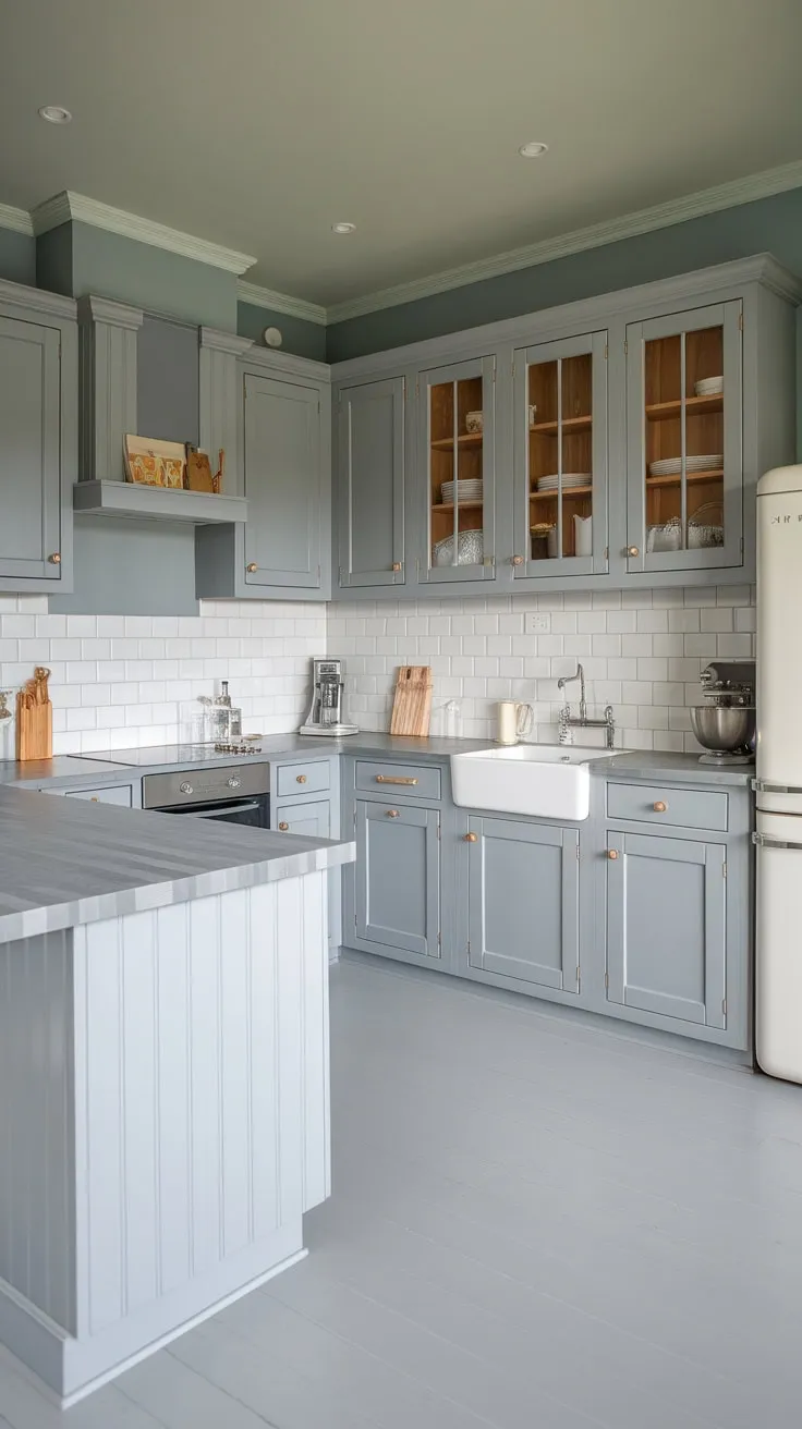 A serene modern grey kitchen features light countertops, butcher block cabinets, and soft grey walls creating a cohesive and stylish space