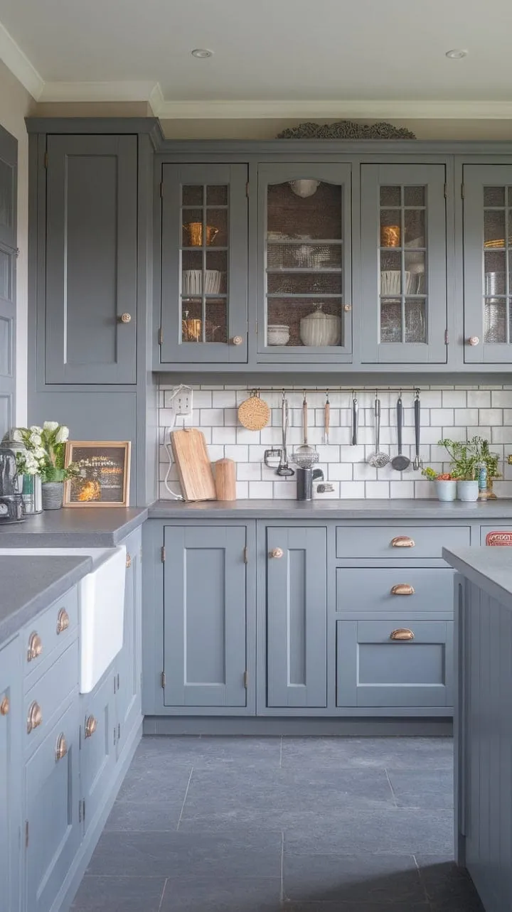 This all-grey kitchen masterfully combines modern elegance with cozy cottage charm through its butcher block cabinets and light countertops, creating a serene and stylish culinary haven.