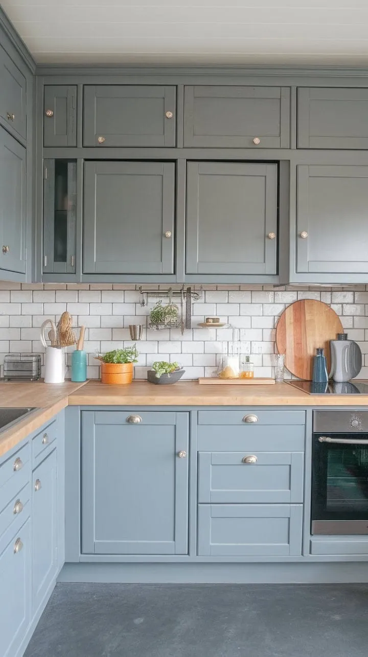 This tranquil grey kitchen remodel blends stylish butcher block cabinets with light grey countertops, showcasing the elegance and functionality of a cohesive monochromatic design.