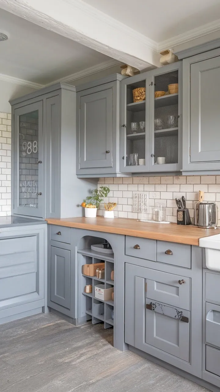 This chic grey kitchen masterfully fuses cottage charm with modern elegance, featuring light grey cabinetry and a bold butcher block island for a serene yet stylish ambiance.
