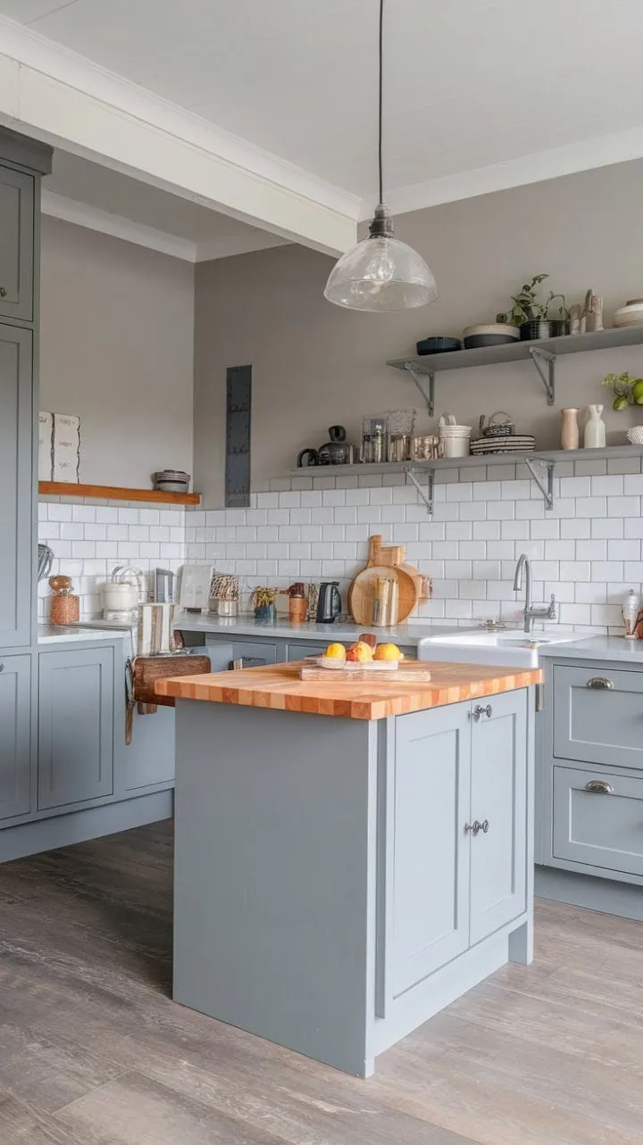 This stunning kitchen remodel harmonizes a serene palette of greys with a textured butcher block cabinet, blending functionality and understated elegance.