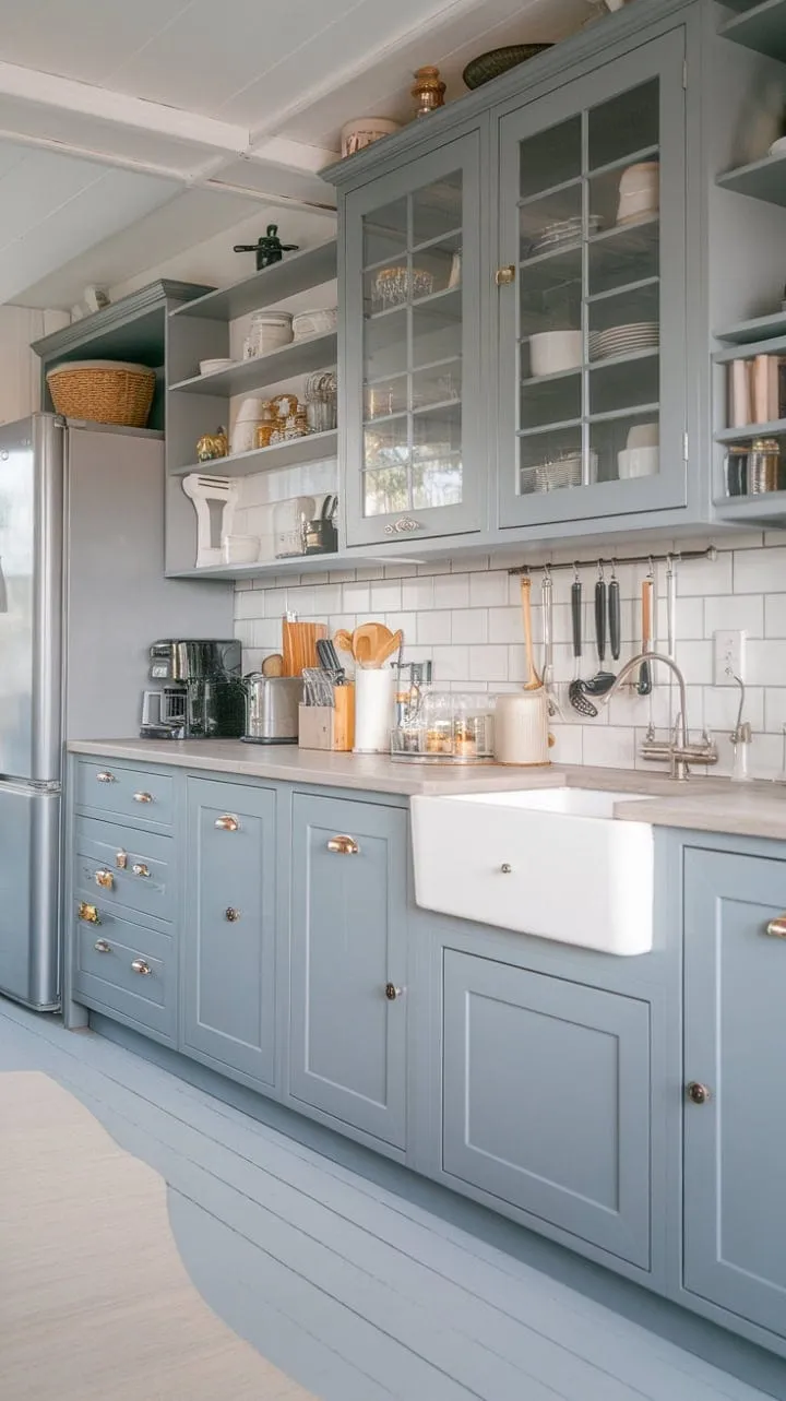 This tranquil grey kitchen remodel harmoniously blends butcher block cabinets and light countertops, crafting a modern yet inviting culinary haven.