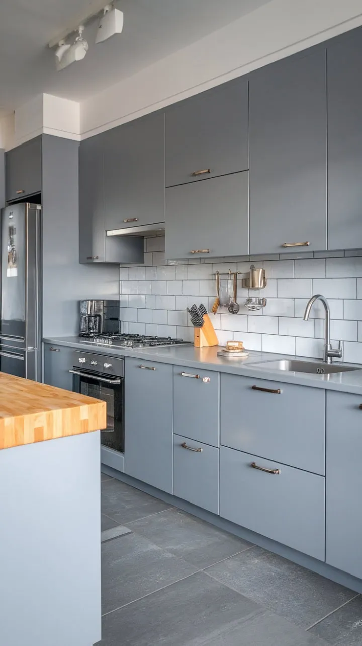 This serene grey kitchen masterfully combines understated elegance with practical design, featuring light grey cabinetry and a stylish butcher block countertop.