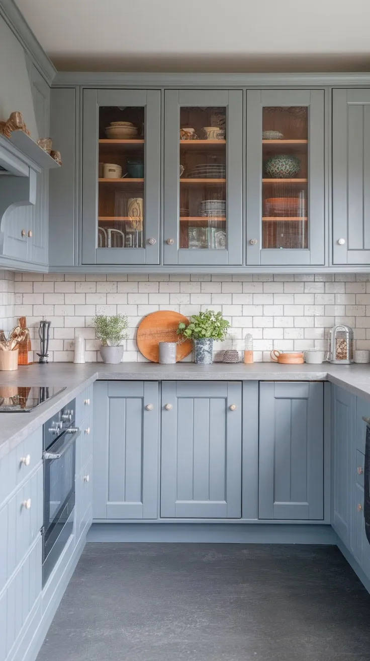 A light grey cottage-style kitchen remodel features butcher block grey cabinets and matching countertops and flooring for a cohesive modern look
