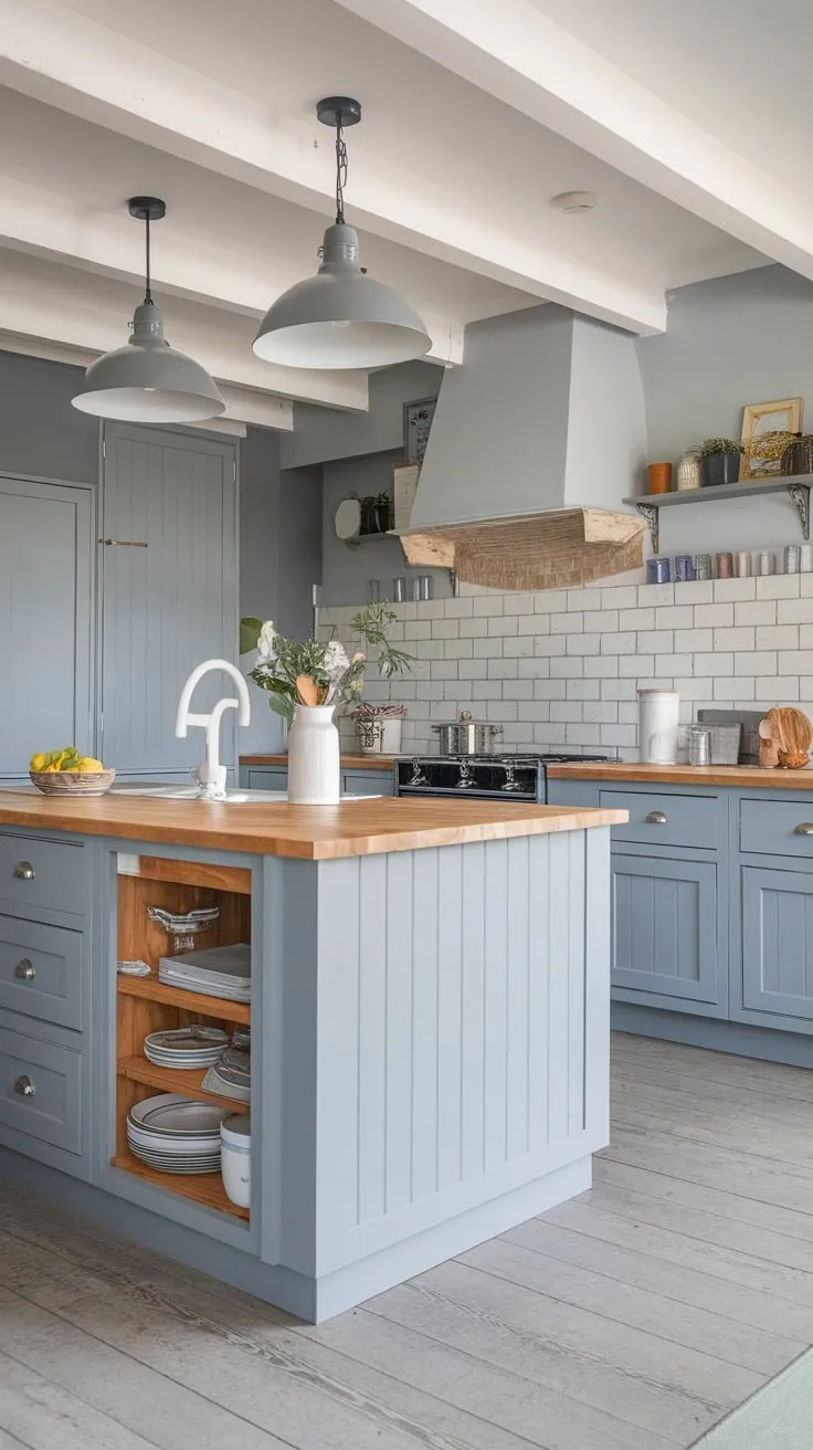 This modern grey kitchen remodel features a cohesive palette of light grey countertops, grey cabinets, and grey flooring, creating a sophisticated cottage aesthetic.