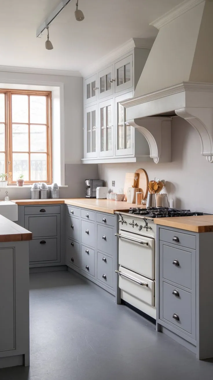 Grey cabinetry and light countertops create a sophisticated modern kitchen, accented by white upper cabinets and a charming window with wooden framing.