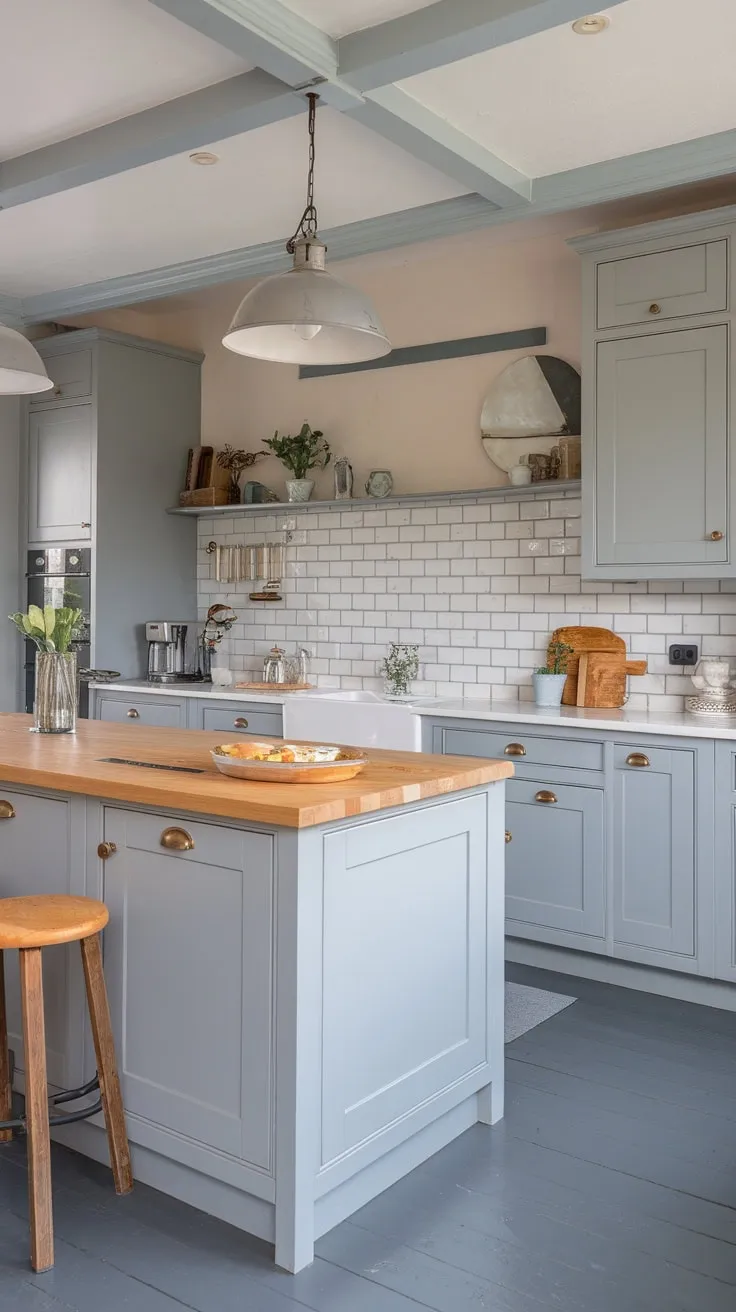 Sleek grey cabinetry and light grey surfaces create a contemporary kitchen with charming cottage details.