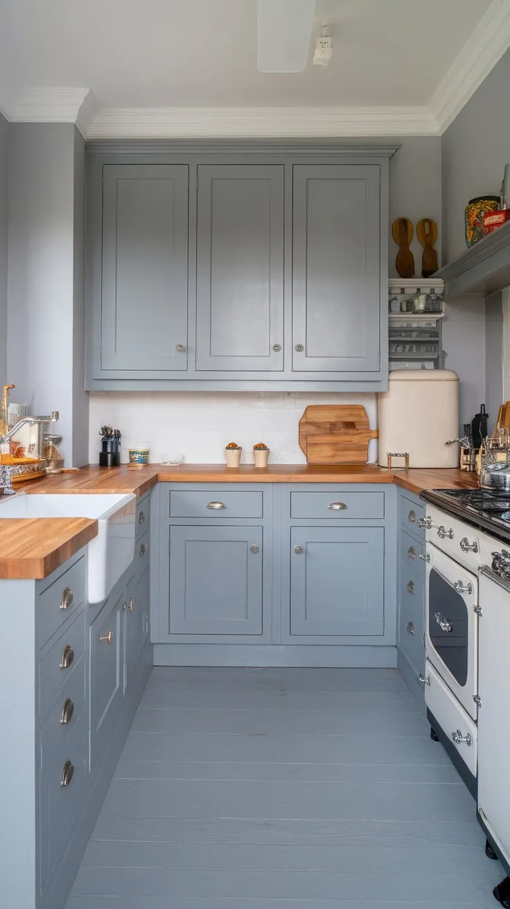A serene grey cottage kitchen features light countertops, butcher block accents, and white appliances for a modern farmhouse feel