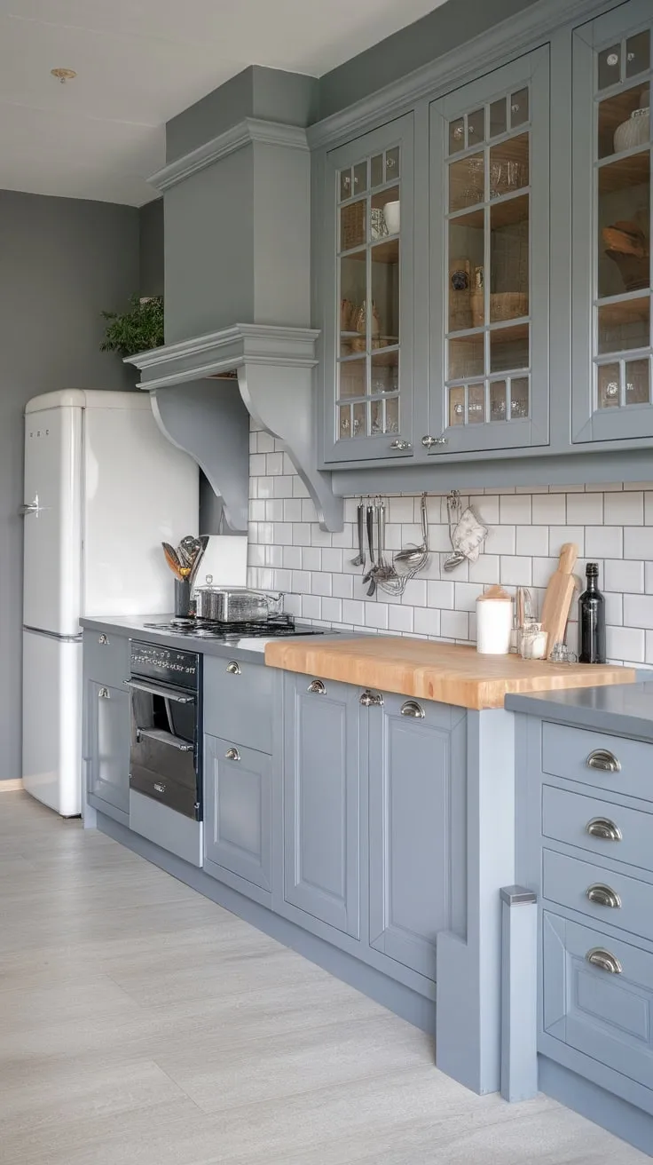 Sleek grey cabinets and light flooring create a calming modern kitchen, punctuated by a white fridge and black stove.