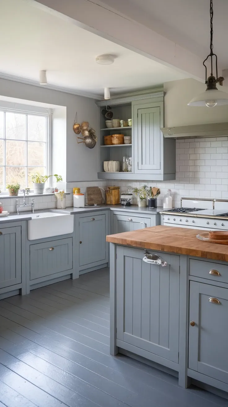 Grey cabinets and light grey countertops create a sophisticated modern kitchen, accented by a white apron-front sink and a vintage light fixture.
