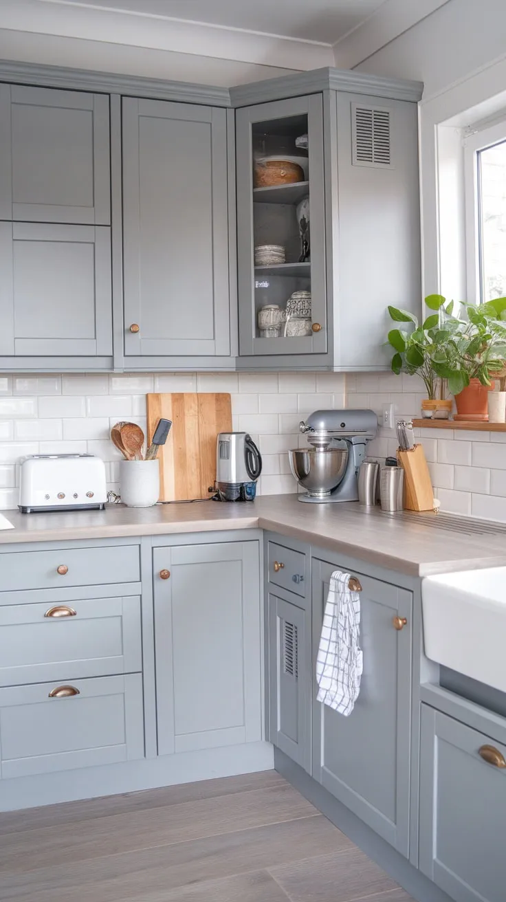 Grey cottage-style cabinets and light grey flooring create a calming and stylish modern kitchen space.