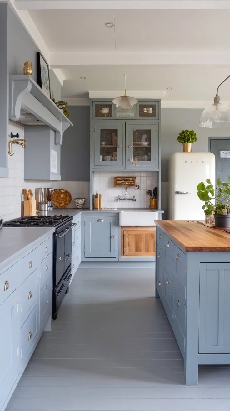 A light and airy modern grey cottage kitchen boasts grey cabinetry, light countertops, and a wooden island, creating a calming and stylish space.