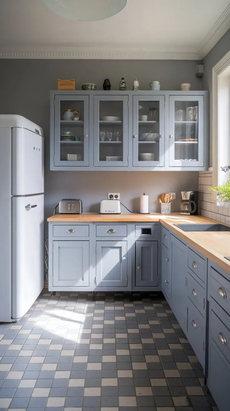 A modern grey kitchen's sleek cabinetry and light grey surfaces are brightened by natural light and a cheerful checkerboard floor.
