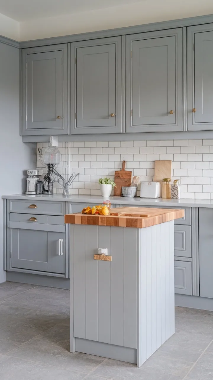 This tranquil grey kitchen exemplifies modern minimalism, harmonizing light countertops and cabinetry with subtle tonal variations for a serene yet sophisticated atmosphere.