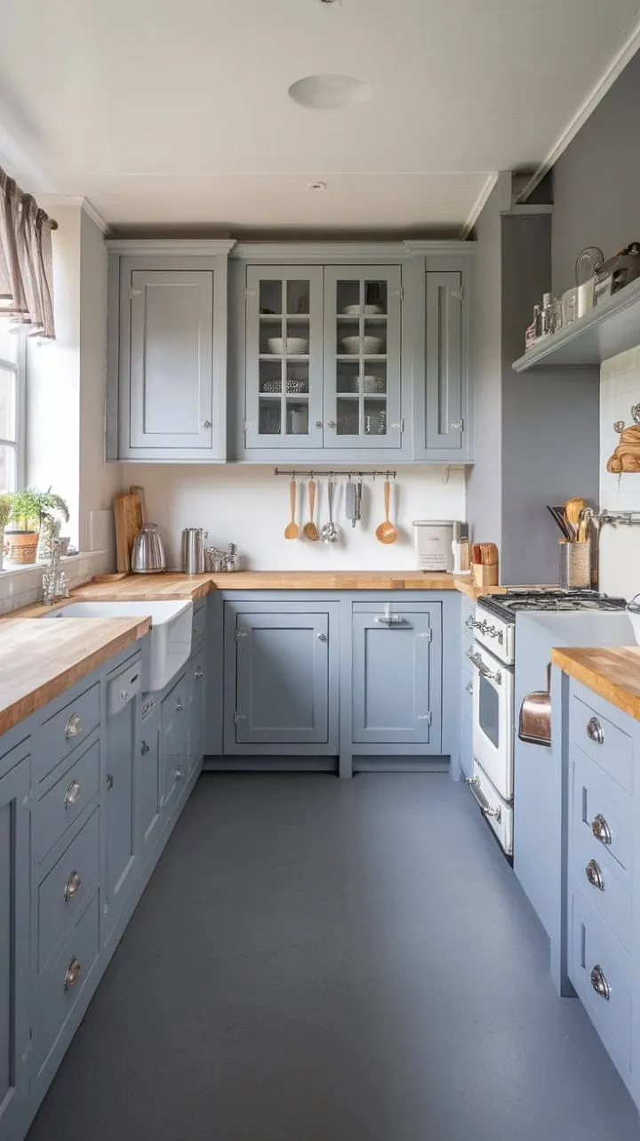 This grey kitchen blends understated elegance with rich wood accents and white appliances, creating a serene haven for culinary creativity.